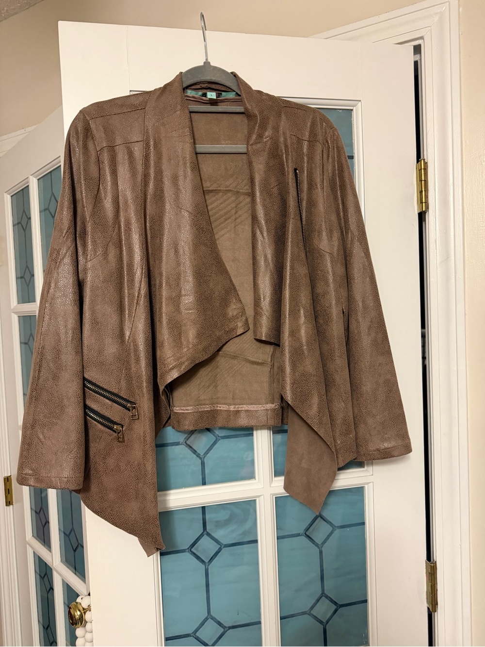 Karlie Taupe Brown Faux Leather Draped Open-Front Jacket
